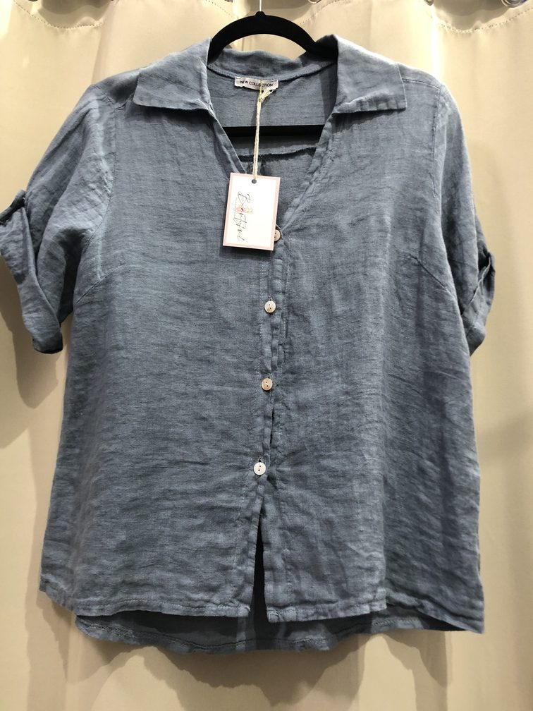 Camisa de lino azul manga corta. Talla unica. Precio 35E